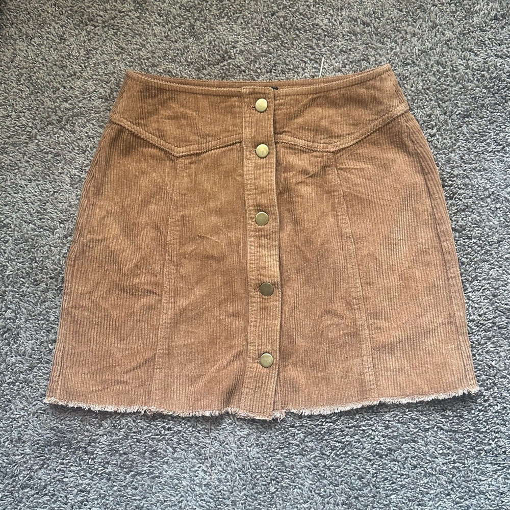 Mittoshop Corduroy Mini Skirt Brown Button Front Size S Frayed Hem